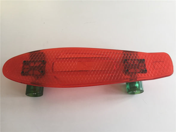 Transparent Red Mini Cruiser Board Plastic Small Fish Skateboard 22" Street Road Skate Board with Transparent Green Wheels