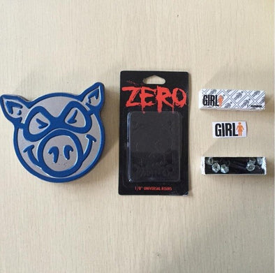 PIG skateboarding parts and bearing ABEC-3 and black ops with Element ZERO Royal riser pad and Diamond or Girl 1" Hardware